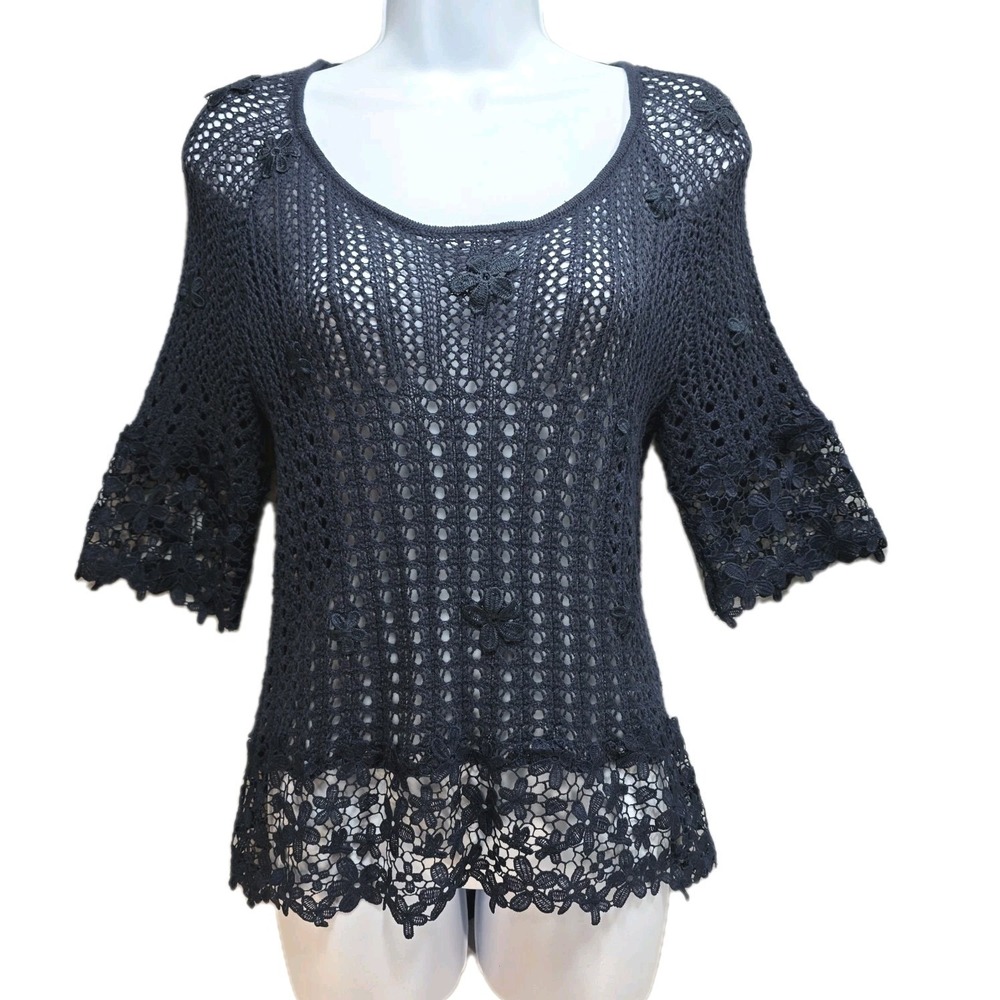 INC Mesh Floral Embroidered Top Womens Small Navy Blue Sheer Knit‎ See Through